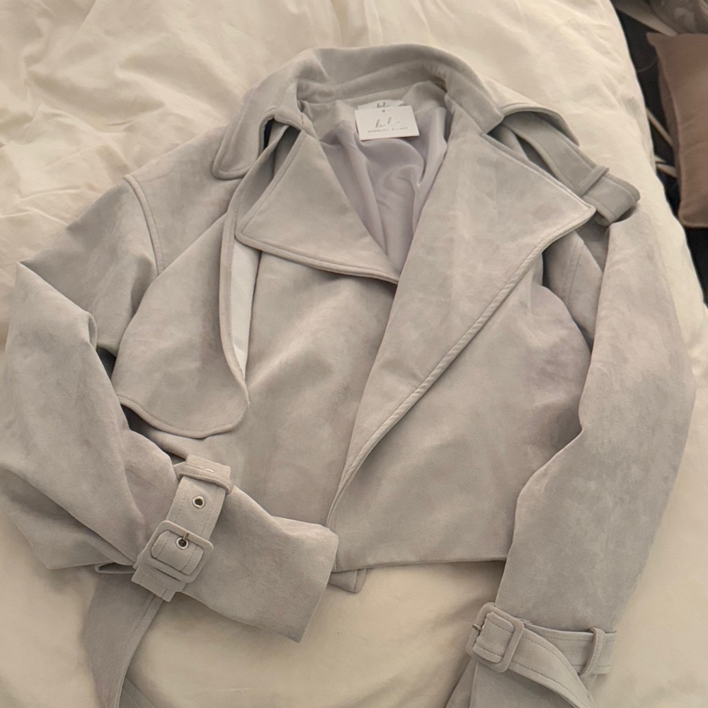 Bobbles and Lace Light Gray Suede crop Trench Coat Jacket - Women